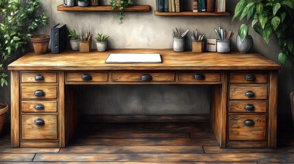 Wall Mural - Rustic Wooden Desk with Drawers