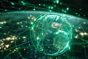 Poster - A holographic projection of global internet connectivity .The Earth depicted with radiant lights, showcasing urban areas and landscapes glowing against the dark backdrop of space.