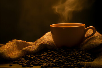 Aufkleber - Aromatic coffee steaming in an orange mug, nestled on burlap with roasted beans.  Warm, inviting, and rich in texture.