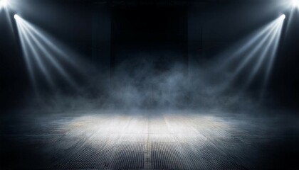 Wall Mural - empty dark stage with spotlights fog and smoke in a theatre mysterious room with concrete floor fest