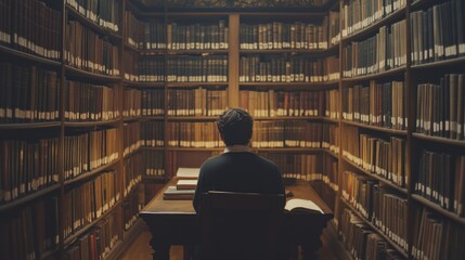 Poster - A Solitary Figure Studying in a Library Surrounded by Bookshelves
