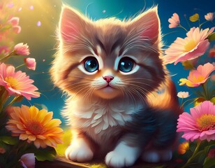 Wall Mural - kitten and flowers postcard
