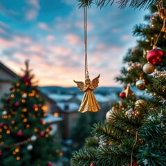 Wall Mural - photo of a golden angel ornament hanging from a beautifully decorated christmas tree christmas tree 