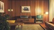 © paryati - Illustration of a 70s retro style home interior. Living room with wood paneled walls, antique television. Ai generated image