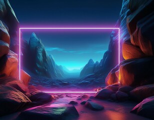 Wall Mural - rocky landscape with neon frame in the middle