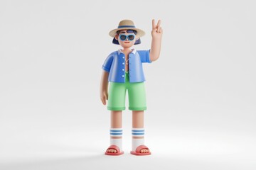 Poster - A 3D cartoon character wearing summer clothes  sunglasses  and a hat  showing a peace sign.