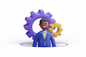 Leinwandbilder - A 3D cartoon businessman stands amidst gears  symbolizing teamwork and efficient problem solving.