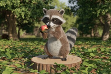 Poster - Adorable cartoon raccoon enjoys a juicy red apple in a sunny forest setting.