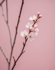 Wall Mural - cherry blossom branch with pink flowers on a pink background.