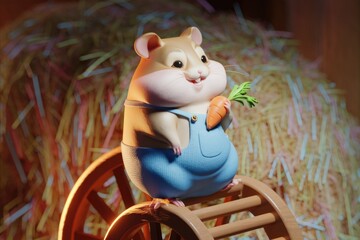 Poster - A cute hamster in overalls sits on a wooden wheel  holding a carrot  in a hay filled environment.
