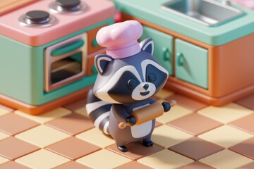 Poster - A cute cartoon raccoon chef holds a rolling pin in a retro kitchen.