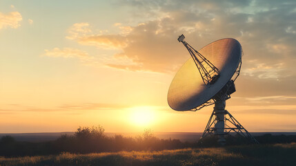 Wall Mural - sunset over a landscape with a giant satellite dish, symbolizing the future of communication technol