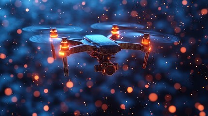 Poster - Abstract depiction of a drone with action video camera against a dark blue backdrop, characterized by lines and dots forming a polygonal low poly structure. High Resolution