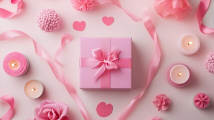 Poster - Pink Gift Box Surrounded by Hearts, Flowers, Candles, and Ribbons
