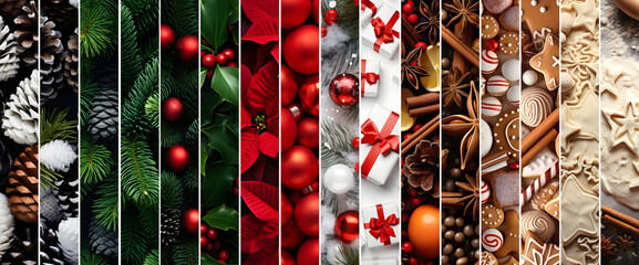 Wall Mural - Abstract background with seasonal and winter stripes with plant, leaf, ball, cone, spice, sweets and gifts texture. Horizontal composition. Concept of Christmas, holiday and New Year.