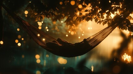 Aufkleber - Silhouetted Figure Relaxing in a Hammock Underneath a Tree Canopy