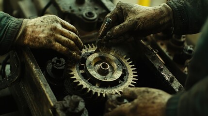 Poster - Close-up of a Mechanic's Hands Adjusting a Large Gear in a Machine