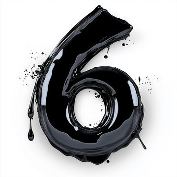 3D number 6 with black paint texture realistic modern design, soft lighting, white background, element of alphabet