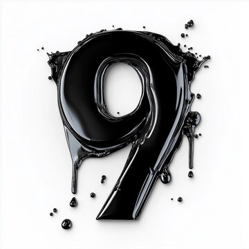 3D number 9 with black paint texture realistic modern design, soft lighting, white background, element of alphabet