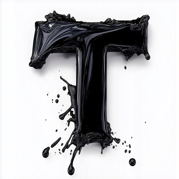 3D  letter T with black paint texture realistic modern design, soft lighting, white background, element of alphabet