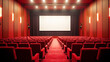 © Mobasser - Modern red carpet wooden cinema hall with empty white mock up, Movie theater interior, empty auditorium, blank white screen