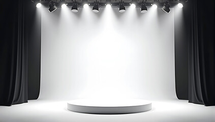 podium under four ceiling spotlights, isolated on a white background,  theater lights, empty stage, minimalist set design