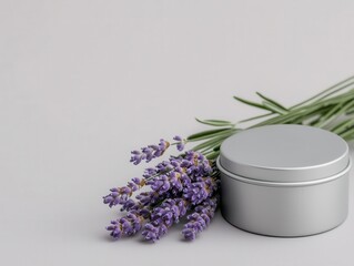 Wall Mural - Elegant lavender sprig placed next to a small metal souvenir box, minimal and delicate, isolated on a clean background