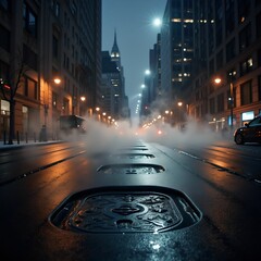 Poster - Foggy city street at night, illuminated by streetlights.