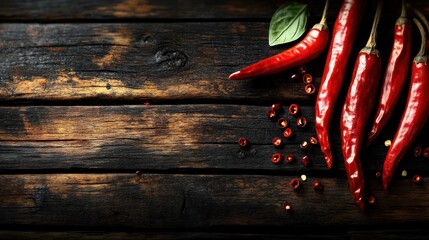 Red chili peppers on rustic wooden background.