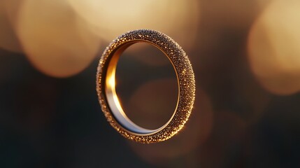 Poster - A close-up of a gold ring with a circular design, floating against a blurred background