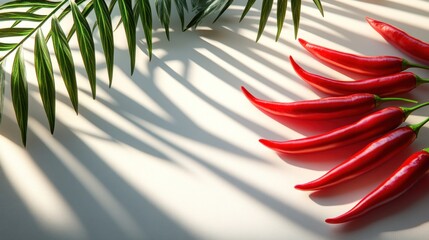 Wall Mural - Red chili peppers with palm leaf shadow.