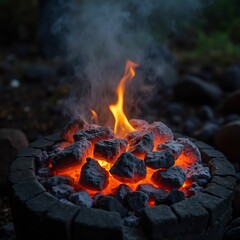 Aufkleber - Intense flames dance over glowing embers in a stone-lined fire pit.