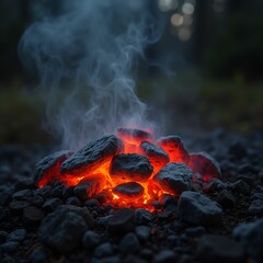 Aufkleber - Intense flames dance over glowing embers in a stone-lined fire pit.