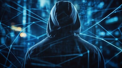Poster - A hacker, scammer, or criminal in a hoodie with his face hidden in the shadows, symbolizing secrecy and anonymity