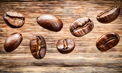 Aufkleber - Roasted coffee beans levitating against a rustic wooden backdrop.  Perfect for coffee shop menus or packaging.