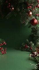 Poster - Christmas ornaments and pine branches decorating a green background