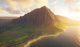 Majestic coastal mountain at sunset, bathed in golden light, with a tranquil ocean and lush green landscape.  Perfect for travel, nature, or vacation themes.