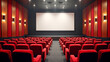 © Mobasser - Modern red carpet wooden cinema hall with empty white mock up, Movie theater interior, empty auditorium, blank white screen