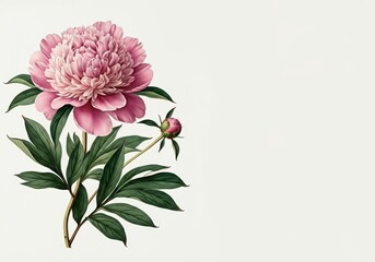 Wall Mural - Elegant pink peony flower blooming with a bud and green leaves, creating a beautiful botanical illustration on a white background