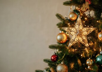 Wall Mural - Christmas tree is decorated with a glowing star, colorful baubles, and string lights, evoking a warm, festive ambiance
