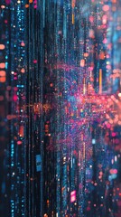Poster - Colorful particles flowing down creating a futuristic data stream visualization