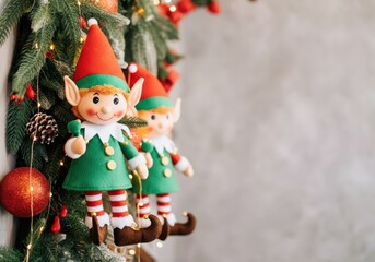 Wall Mural - Two christmas elves hanging on a decorated christmas tree, bringing festive cheer to the holiday season