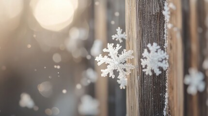 Poster - A Delicate Snowflake Adheres to a Wooden Post