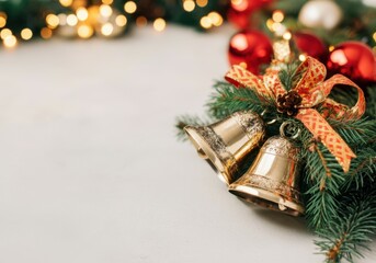 Wall Mural - christmas bells, red and gold ornaments, pine branches, ribbon, and warm lights evoke the holiday sp