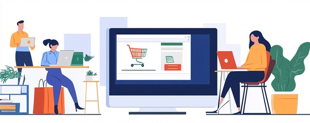 Aufkleber - Office workers developing e-commerce website with shopping cart icon