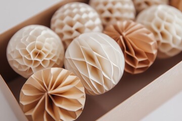 Poster - Beige and White Paper Honeycomb Balls in Box, Close-up Photography, Abstract Texture, Home Decor, Paper Craft Paper Balls, Honeycomb texture