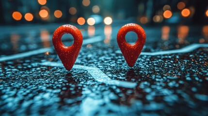 Poster - GPS Navigation Red Location Pins on Wet City Street at Night