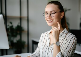 Poster - Young businesswoman wearing eyeglasses sitting at desk and working on computer in modern office