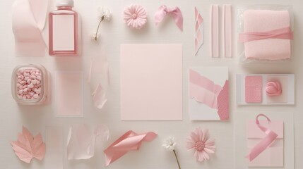 Poster - Pink Aesthetic Flat Lay with Flowers, Ribbons, and Various Objects