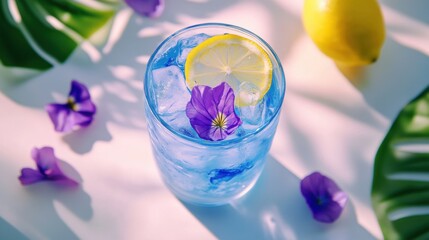 Wall Mural - 明るい光の下でレモンと花のアクセントが効いた爽やかな春の飲み物